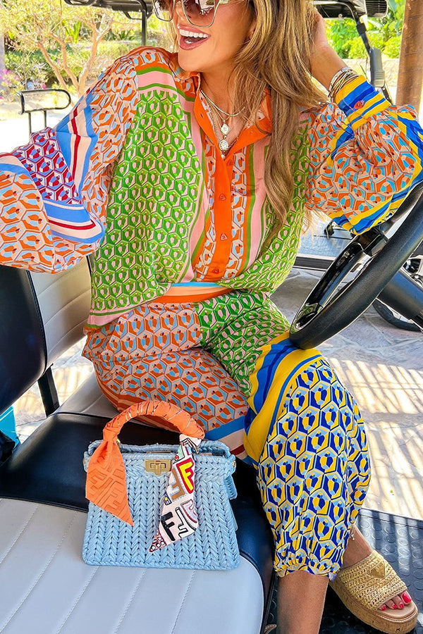 Brazil's Joyful Spirit Colorful Unique Print Balloon Sleeve Button Loose Shirt | Consonak