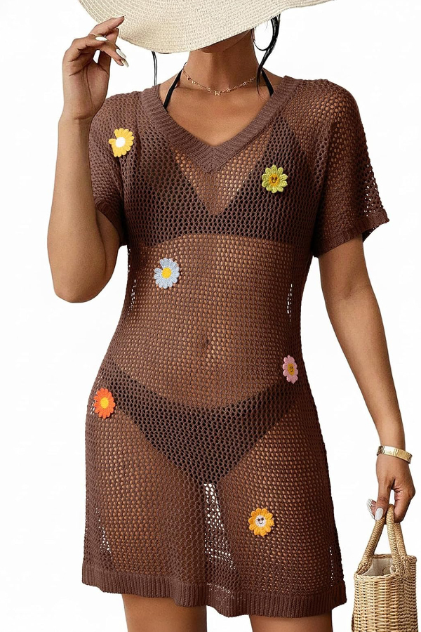 Floral-decorated V-neck Short-sleeved Crochet Cover-up Vacation Mini Dress-consonak