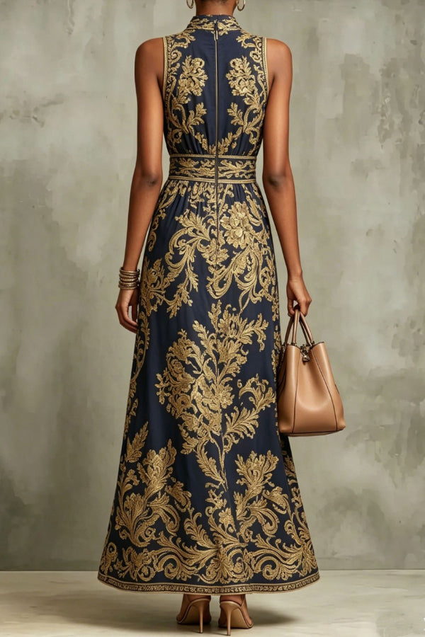 Vintage Gold Embroidered Long Dress-Consonak