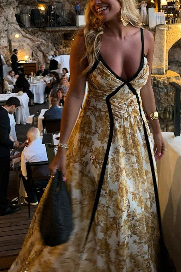 Violet Contrast Unique Print Pleated Backless Strappy Maxi Dress-consonak