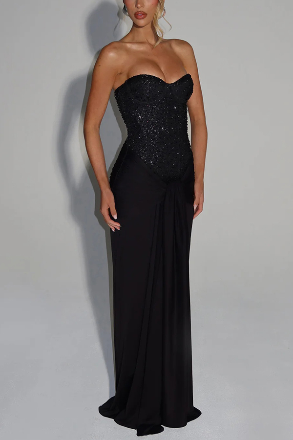 Carina Sequined and Satin Jersey Off Shoulder Ruched Knot Drape Maxi Dress | Consonak