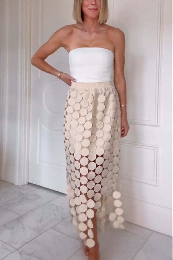 Casie See Through Circle Embroidery Elastic Waist Tassle Hem Maxi Skirt-consonak