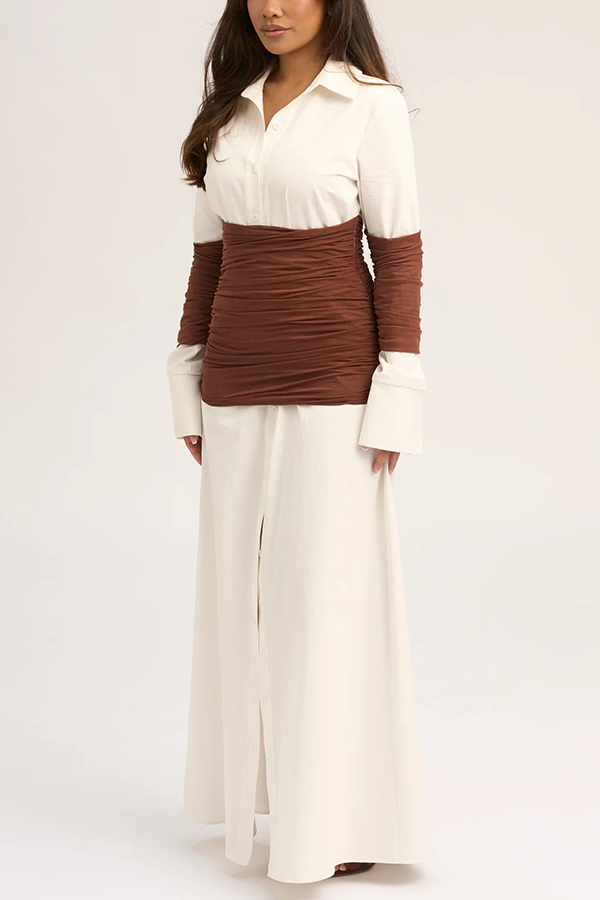 Fashionable Pleated Contrast Patchwork Waist Long Sleeve Button Shirt Maxi Dress-consonak
