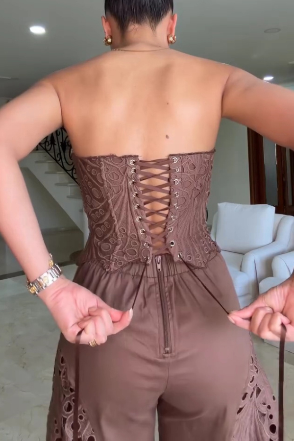 Lily Embroidered Cutout Lace Back Lace-up Tank and High Rise Wide Leg Pants Set