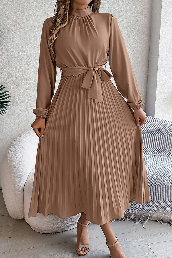 Elegant Stand-collar Long-sleeve Waisted Tie-up Pleated Midi Dress-consonak