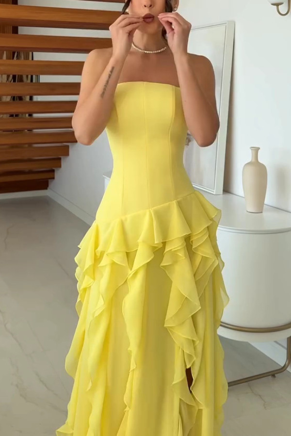 Elegant Sleeveless Off-shoulder Fitted Ruffled High Slit Maxi Dress | Consonak