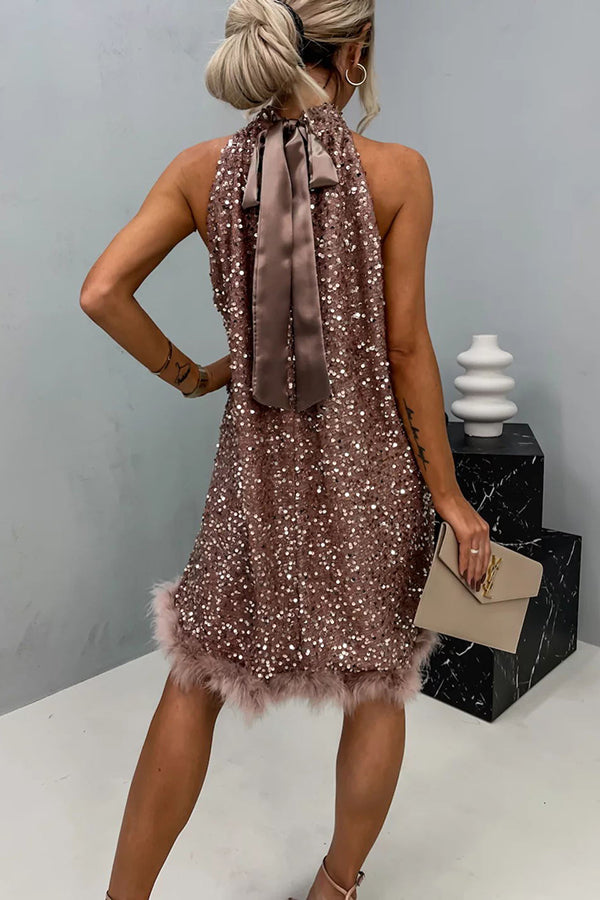 It's Time To Dance Sequin Feather Trim Halter Babydoll Mini Dress | Consonak