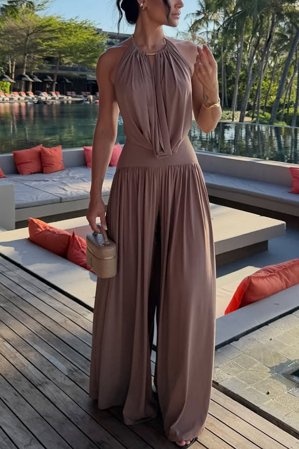 Lightweight Chic Metal Ring Drape Cowl Halter Neck Bodysuit and Elastic Waist Wide Leg Pants Set-Consonak