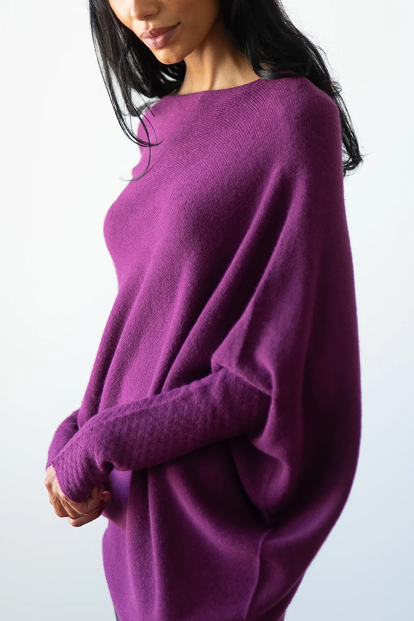 Solid Color Round Neck Long Sleeve Loose Knitted Sweater-consonak