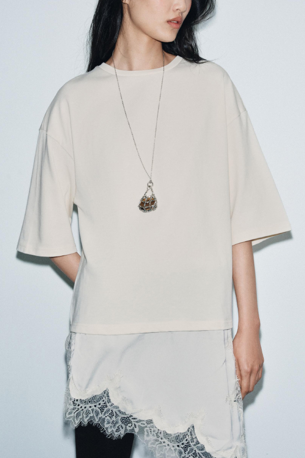 Stylish Round Neck Short-sleeved Patchwork Lace Hem Loose T-shirt-consonak