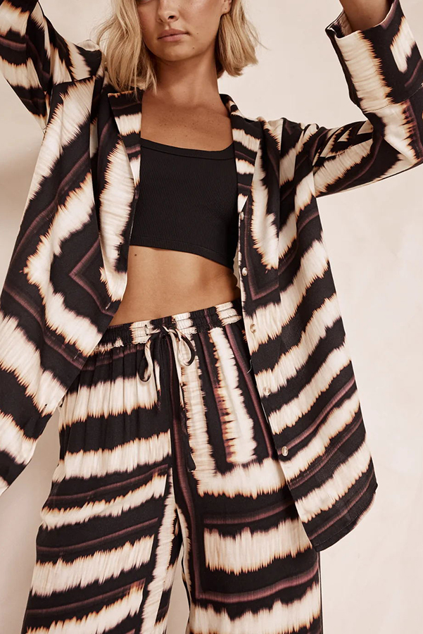 Planning Trips Satin Tie Dye Unique Print Button Down Oversized Blouse-consonak