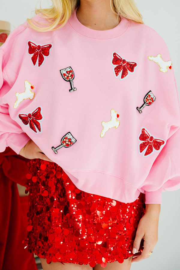 Christmas Bow Wine Glass Sequin Loose Long Sleeve Sweatshirt-consonak