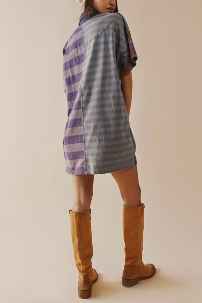 Contrast Striped Patchwork Denim Lapel Loose Casual Mini Dress-consonak