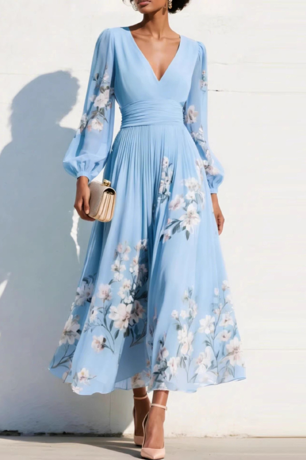 Floral Print V-neck Long-sleeved Fitted Waist Casual Maxi Dress