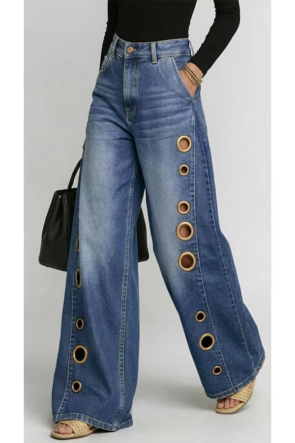 High-Street Edgy Eyelet Cut-Out Baggy Jeans-Consonak