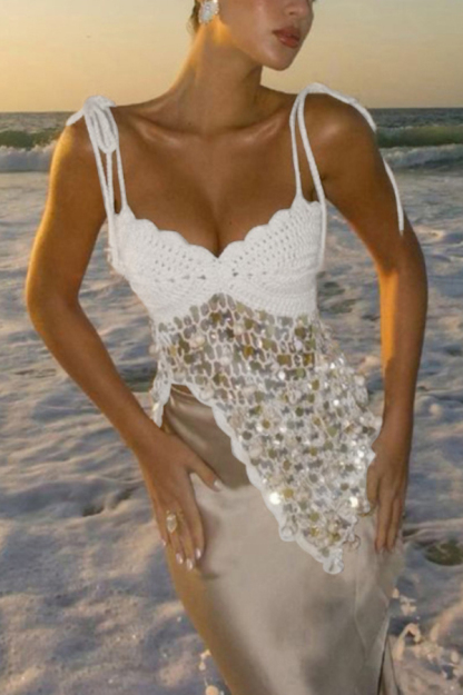 Fashionable Sequined Openwork Vacation Knit Vest-consonak