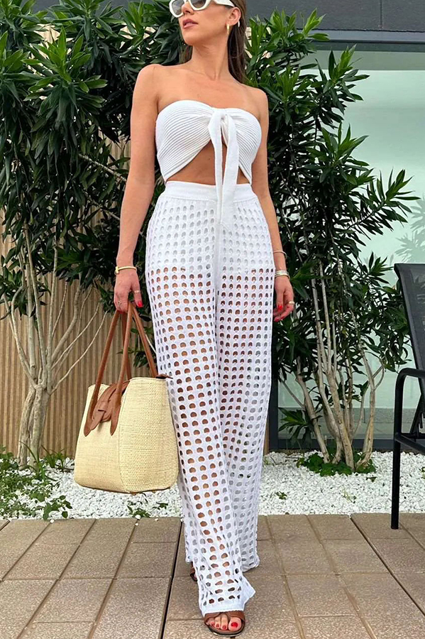 Riley Knit Front Knotted Bandeau and Stretch Hollow Out Wide Leg Pants Set-consonak
