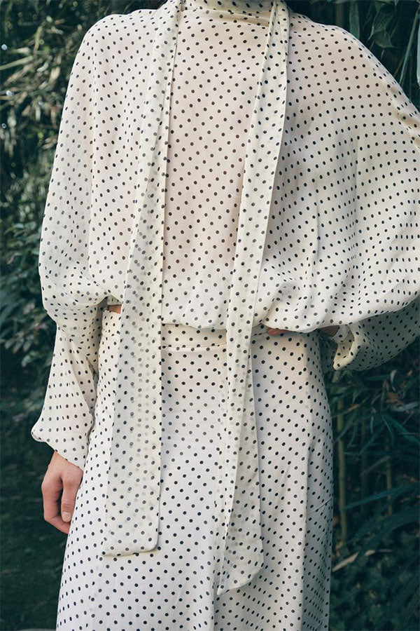 Seraphina Flowing Lantern-Sleeve Polka Dot Blouse-Consonak