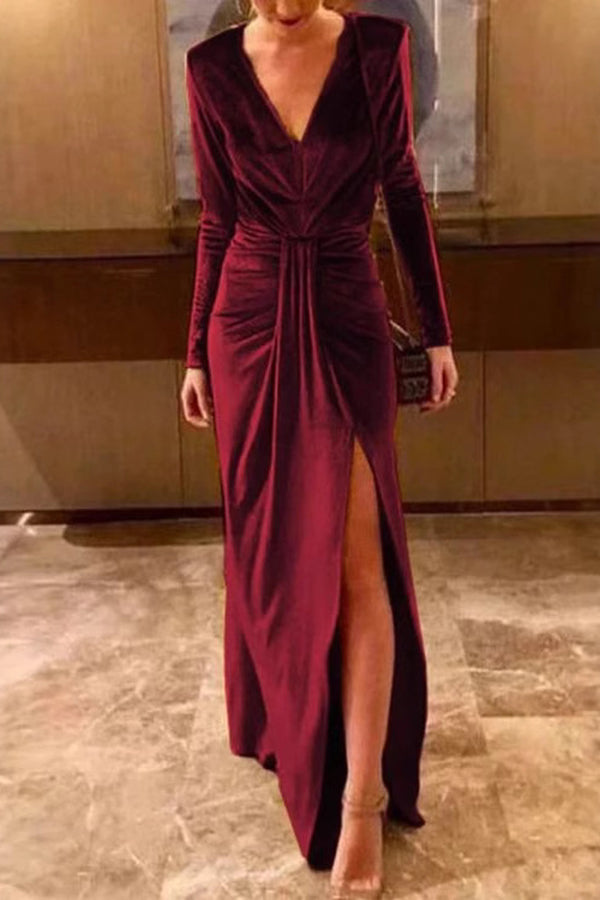 Solid Color Velvet V-neck Long Sleeve Elegant Slit Maxi Dress-consonak