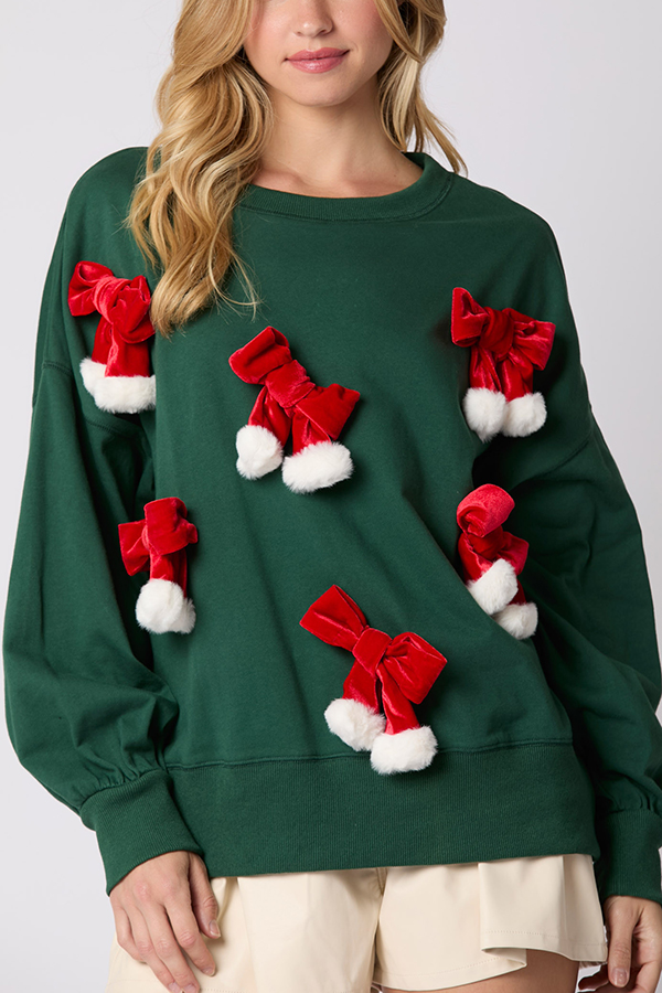 Christmas Bow Embellished Casual Long-sleeved Sweatshirt-consonak