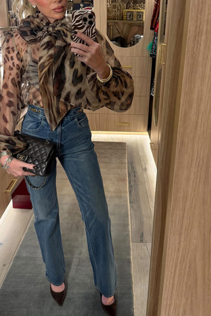 Peregrine Semi-sheer Silk Animal Print Bow Neck Balloon Sleeve Loose Blouse-consonak