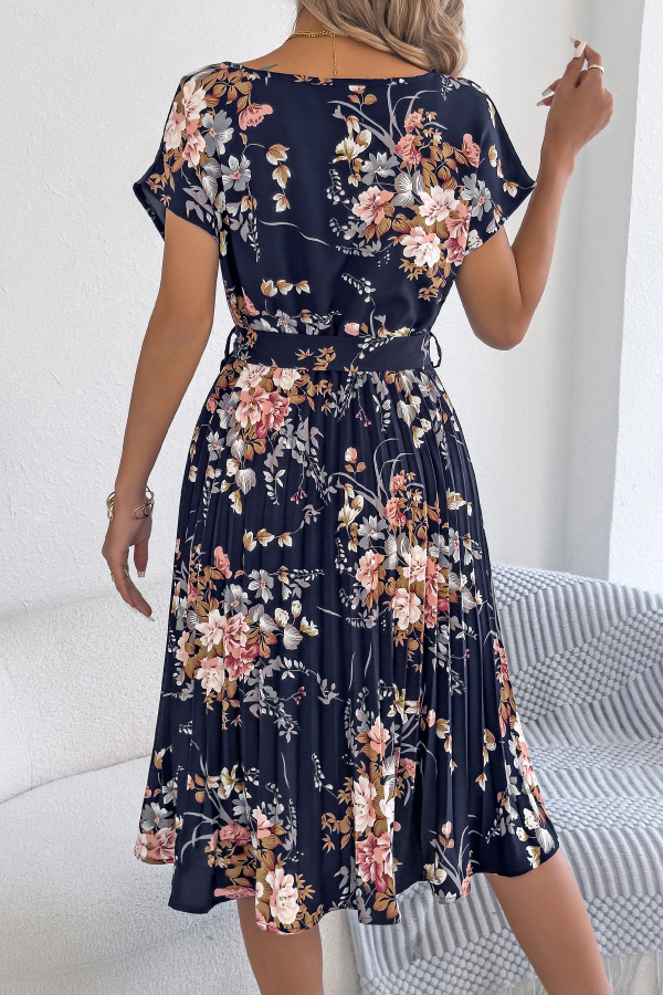 Floral Print Round Neck Fitted Waist Tie Pleated Midi Dress-consonak