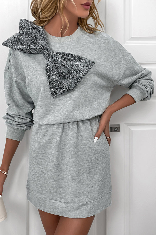 Solid Color Shiny Bow Casual Long Sleeve Sweatshirt Mini Dress-consonak