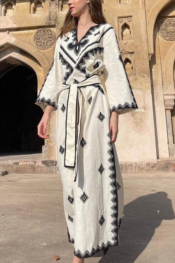 Quiet Atmosphere Linen Blend Ethnic Print Belted Midi Dress | Consonak