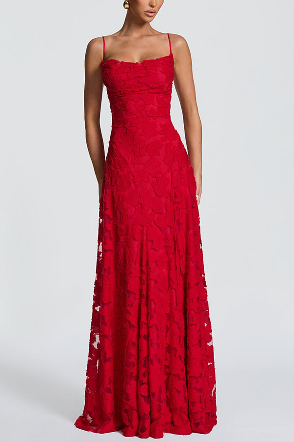 Francis Custom Floral Burnout Fabric Cowl Neck Back Lace-up Maxi Dress