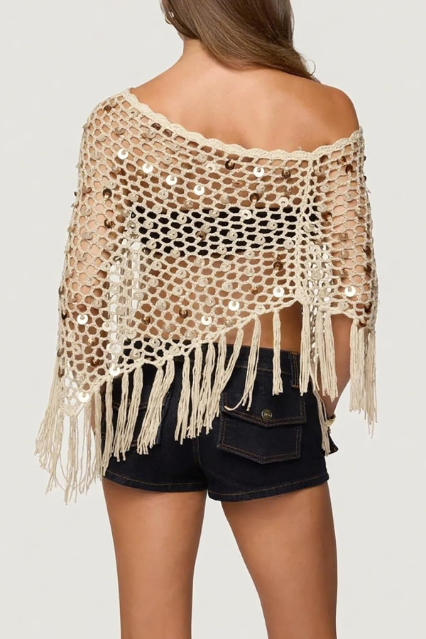 Fashionable Sequined Openwork Woven Tassel Resort Cape-consonak