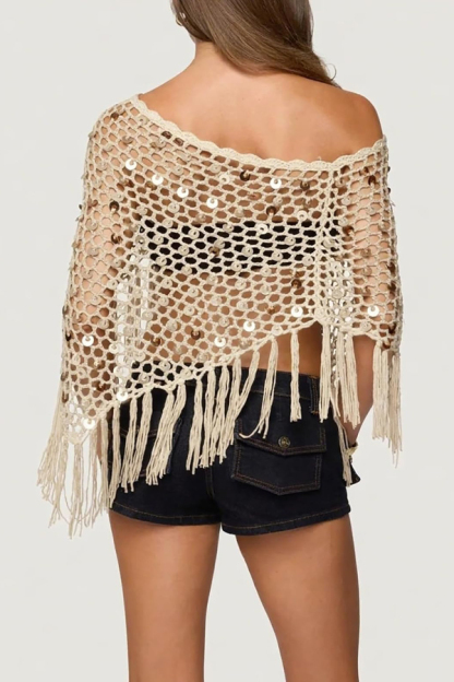 Fashionable Sequined Openwork Woven Tassel Resort Cape-consonak