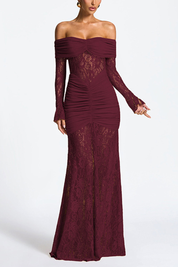 Solid Color Patchwork Lace Off-shoulder Long-sleeved Pleated Slim-fit Maxi Dress-consonak