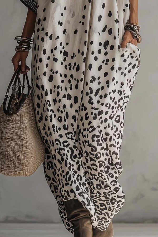Unique Print V-Neck Half Sleeve Loose Casual Maxi Dress