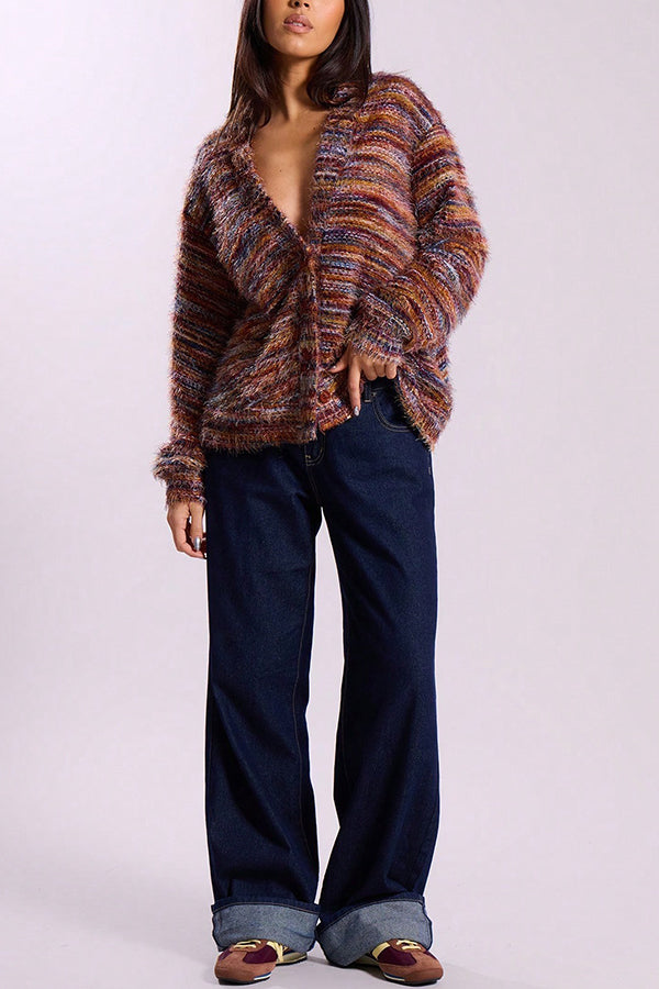 Fashionable Mixed Color Loose V-neck Casual Knit Cardigan-consonak