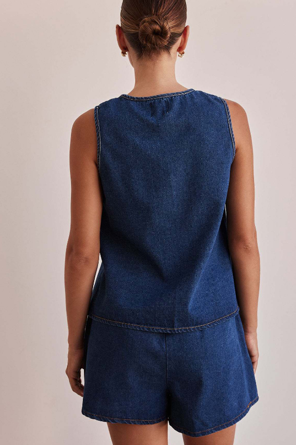 Stylish Sleeveless Round Neck Tie-up Casual Denim Vest