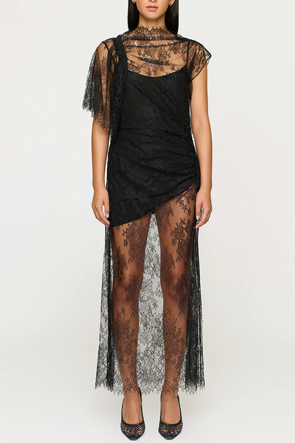Romantic Statement Lace One Shoulder Bell Sleeve Asymmetrical Maxi Dress-consonak