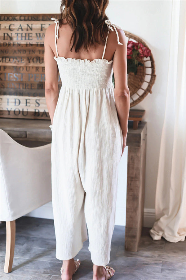 Elegant Solid Color High Waist Linen Blend Suspender Pleated Jumpsuit-consonak