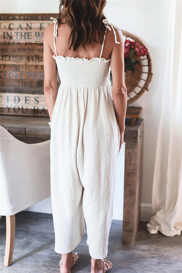 Elegant Solid Color High Waist Linen Blend Suspender Pleated Jumpsuit-consonak