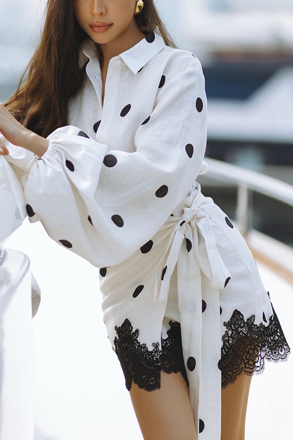 Lulabell Linen Blend Polka Dot Lantern Sleeve Shirt and Warp Tie-up Lace Trim Skirt Set-consonak