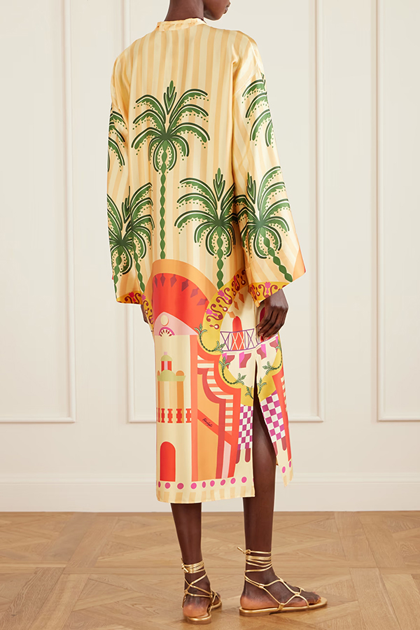 Vibrant Satin Urban Landscape Print Button Long Sleeve Slit Kaftan Midi Dress