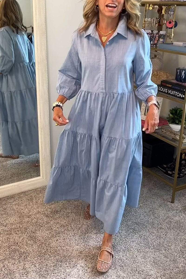 Solid Color Lapel Elastic Cuffs Loose Maxi Dress-consonak