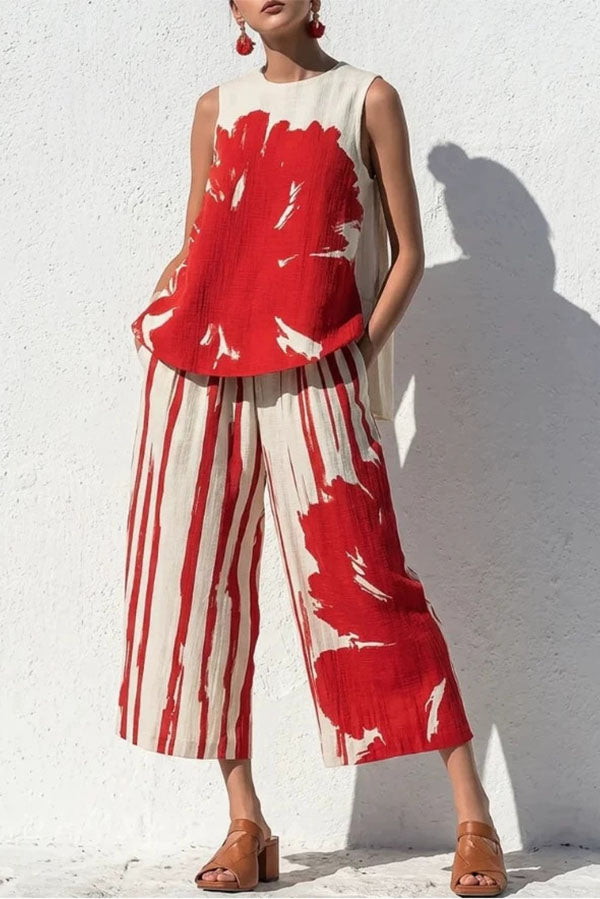 Abstract Brushstroke Sleeveless Tunic & Cropped Pant Set-Consonak