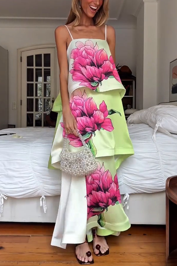 Elisia Satin Color Block Flower Print Tiered Slip Square Neck A-line Maxi Dress | Consonak
