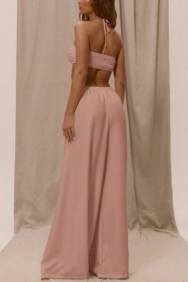 Solid Color Halter Neck Cutout Casual Loose Wide-leg Jumpsuit-consonak