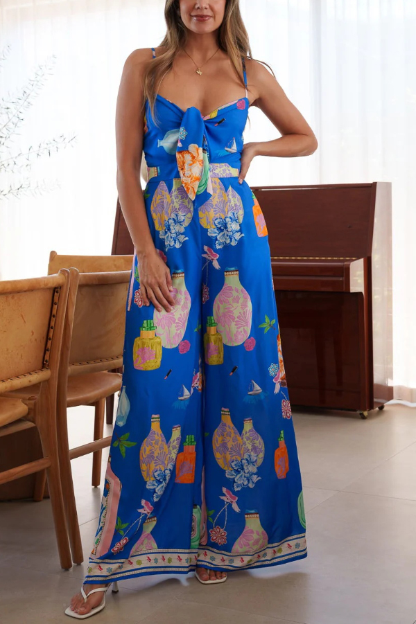 Unique Printed Sleeveless Spaghetti Strap Casual Vacation Loose Wide-Leg Jumpsuit