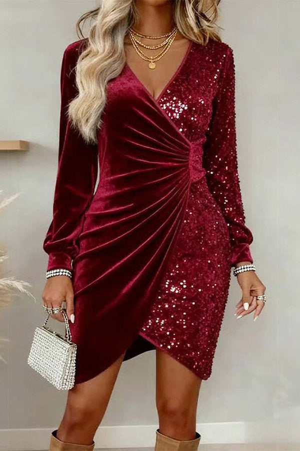 Fashionable Velvet Sequined V-neck Long-sleeved Slim-fit Mini Dress-consonak