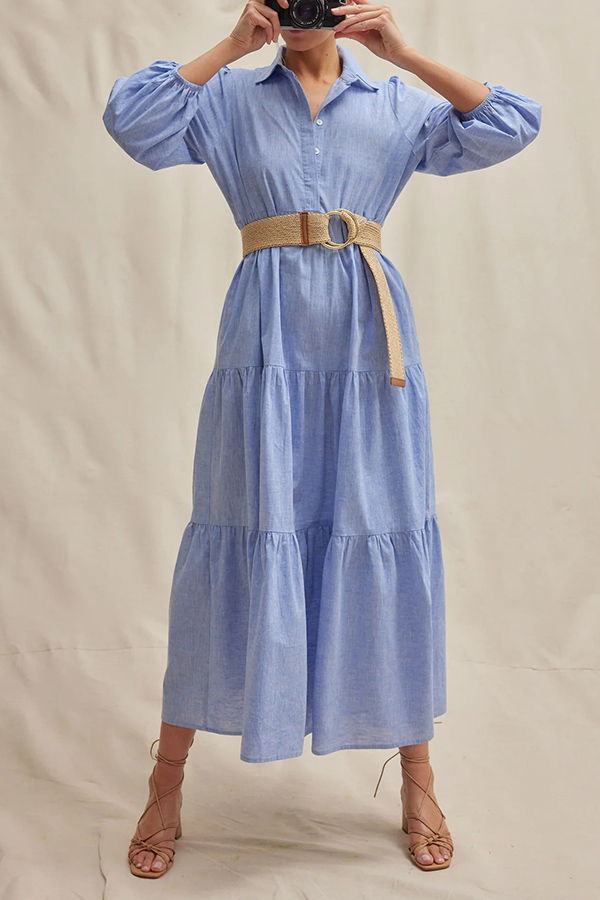 Solid Color Lapel Elastic Cuffs Loose Maxi Dress-consonak