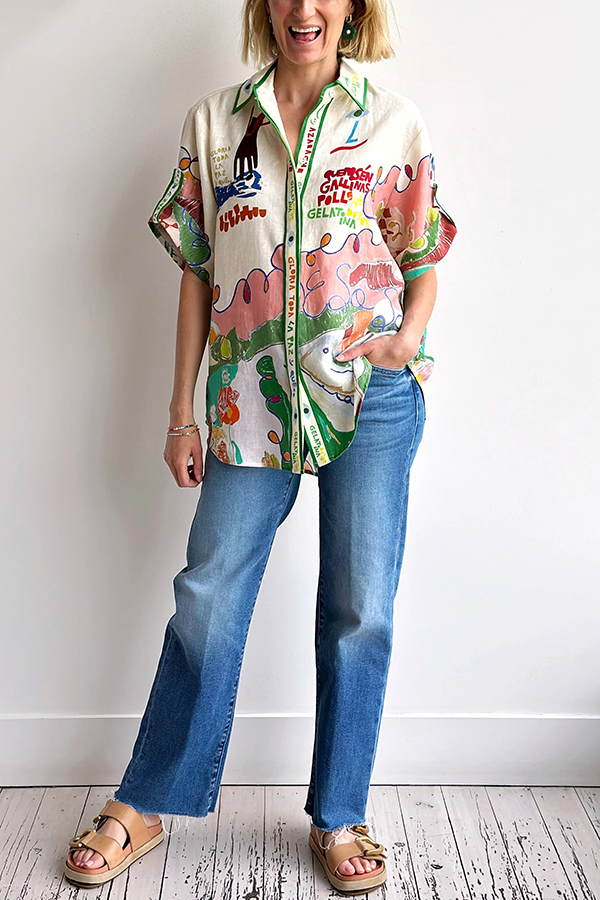 Miena Linen Blend Unique Print Short Sleeve Button Up Oversized Shirt-consonak