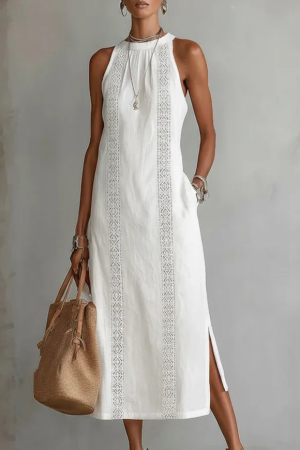 Solid Color Round Neck Sleeveless Casual Pockets Midi Dress