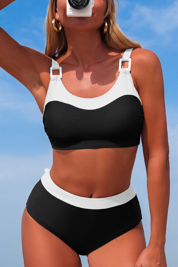 Stylish Color-blocked U-neck High-waisted Two-piece Stretch Bikini Swimsuit-consonak